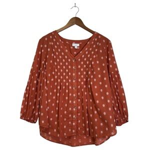 J.Jill Women’s L Petite Rust Orange Floral Dot Pattern Peasant Button Blouse